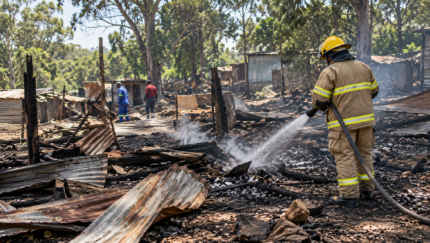 Firefighter extinguishing smouldering debris after an informal-settlement fire in KwaZulu-Natal