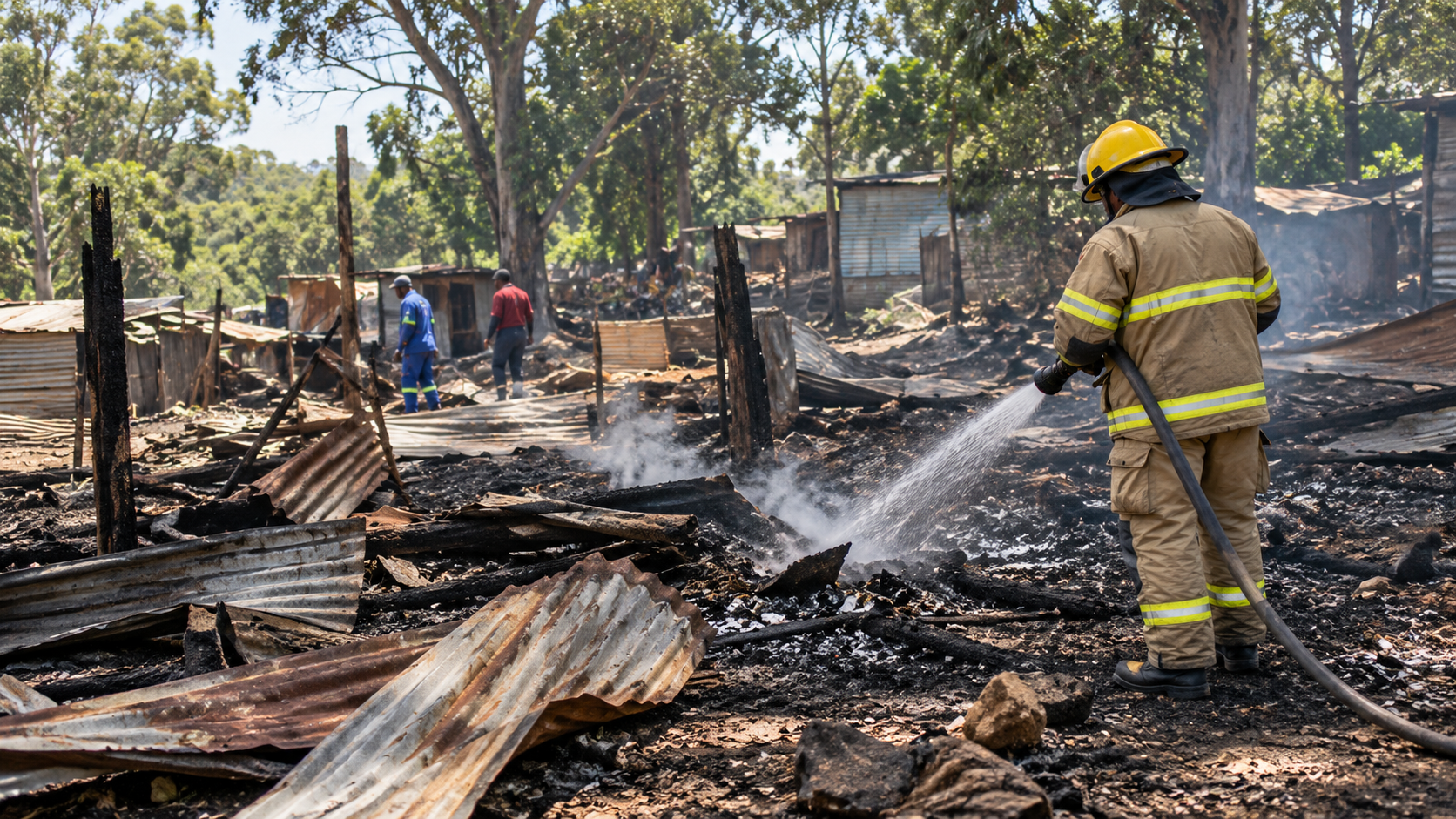 Firefighter extinguishing smouldering debris after an informal-settlement fire in KwaZulu-Natal