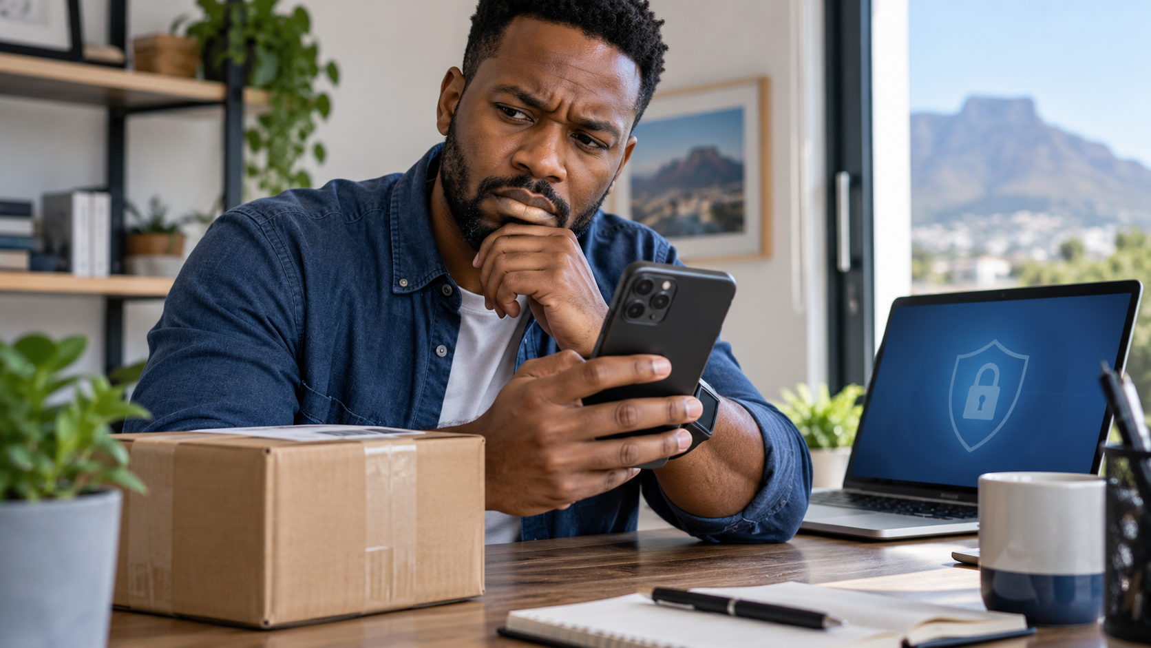 South African reader checking a suspicious parcel-delivery message on a smartphone