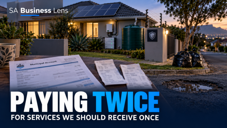 A South African home with solar panels, a water tank, security, refuse bags and municipal bills illustrating the cost of paying twice for services