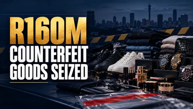 Counterfeit clothing, footwear, cosmetics, watches and sunglasses displayed beside the headline R160m counterfeit goods seized