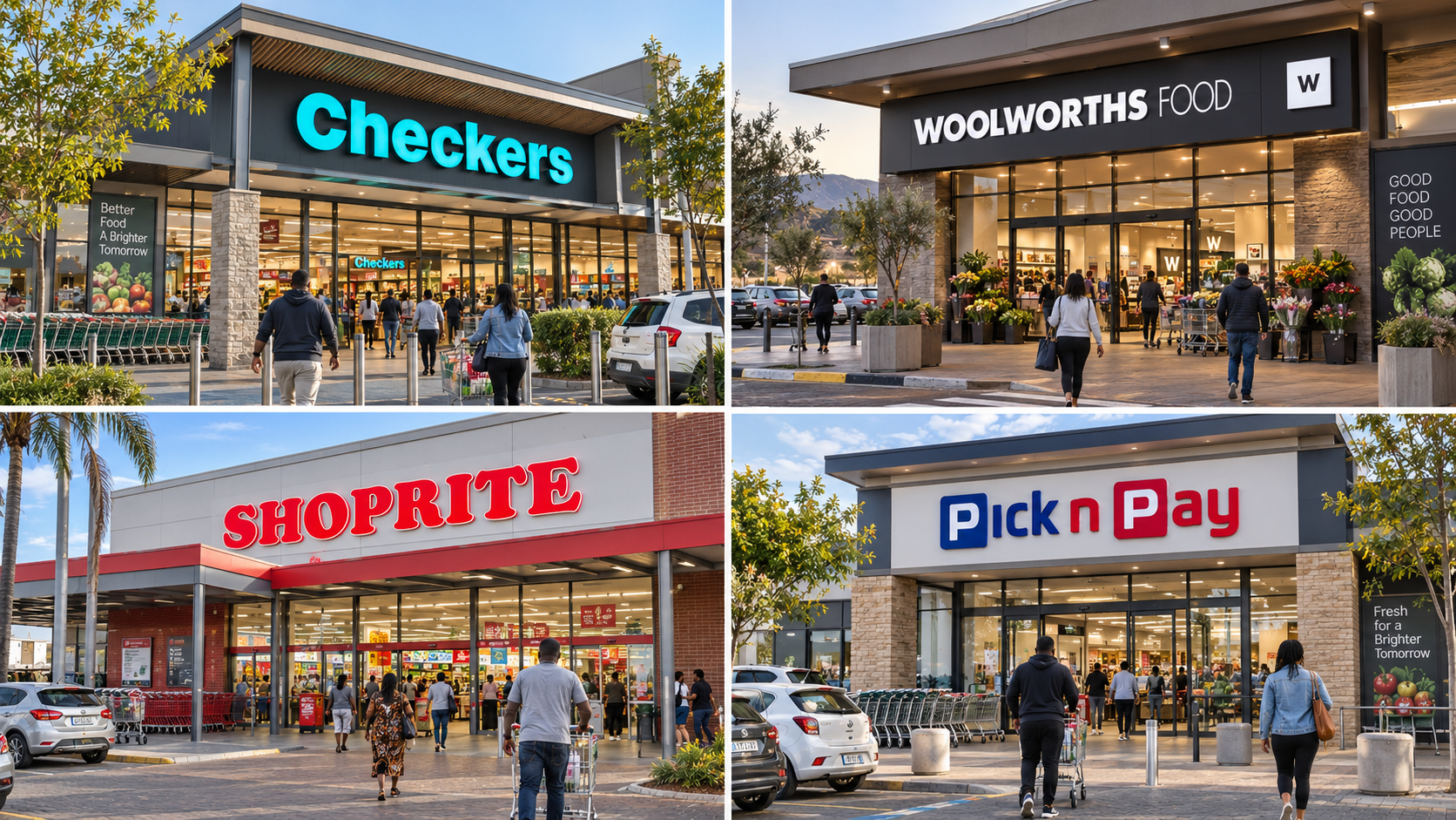 Shoprite, Checkers, Woolworths Food and Pick n Pay supermarket entrances