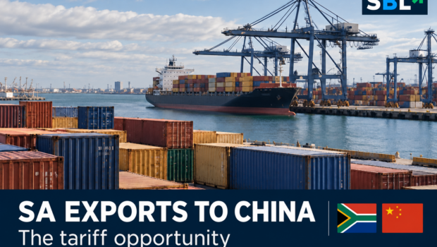 AI-generated editorial illustration showing shipping containers, cranes and a cargo ship, with South African and Chinese flag motifs, SBL branding and the headline SA EXPORTS TO CHINA.