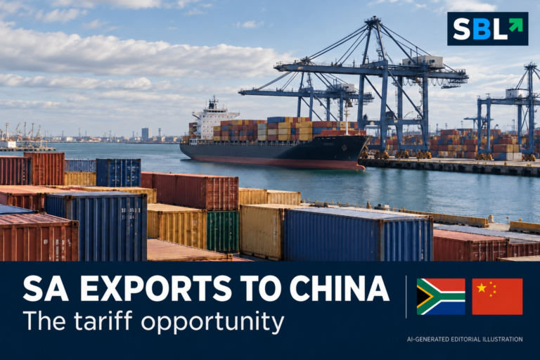AI-generated editorial illustration showing shipping containers, cranes and a cargo ship, with South African and Chinese flag motifs, SBL branding and the headline SA EXPORTS TO CHINA.