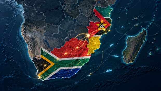 Map showing South Africa and Mozambique linked by regional security cooperation
