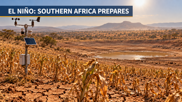 El Niño drought warning over withered maize, cracked earth and a nearly empty farm dam in Southern Africa