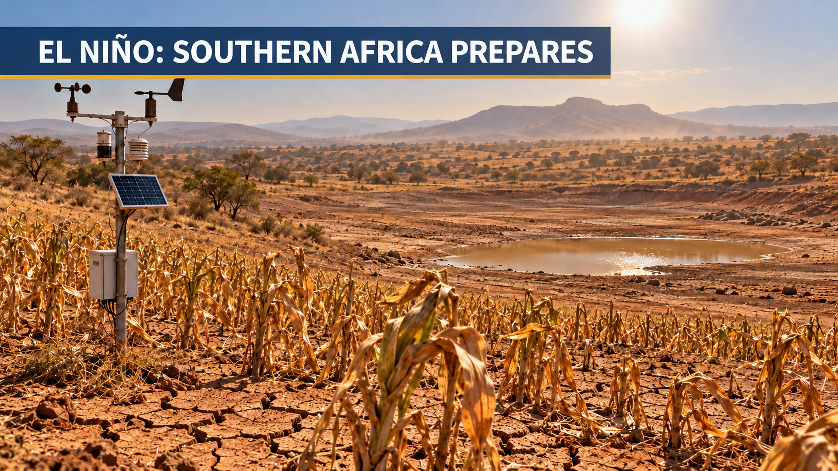 El Niño drought warning over withered maize, cracked earth and a nearly empty farm dam in Southern Africa