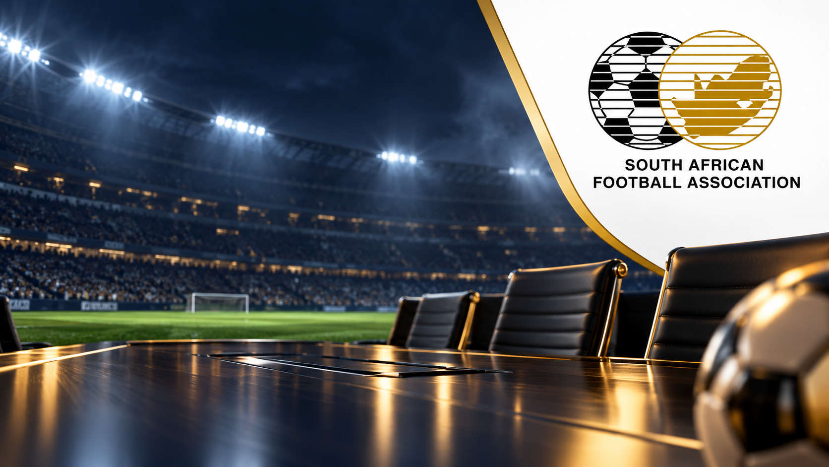 SAFA logo above a football stadium and executive boardroom setting