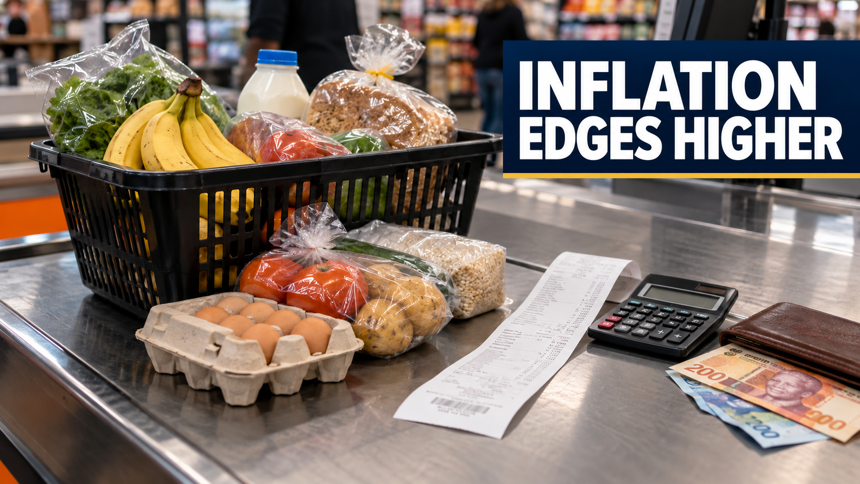 Groceries, a receipt and a calculator with the words Inflation Edges Higher
