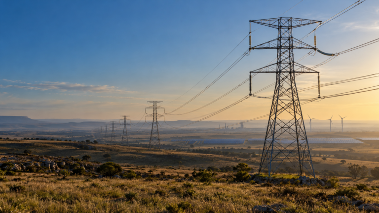 High-voltage transmission lines across a South African landscape